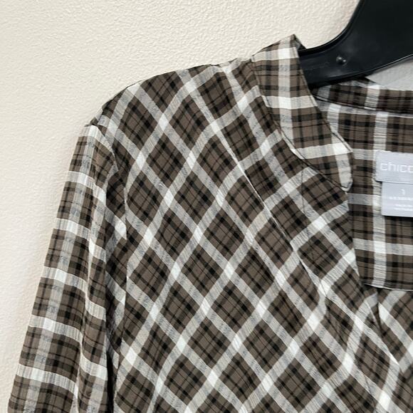 Chico’s Brown Plaid Button Front Peasant Blouse Size 1 US M/8 Boho Fall Casual - Picture 5 of 10